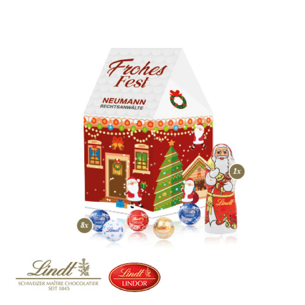 3D Präsent "Haus" mit Lindt Minis und Nikolaus Werbeartikel