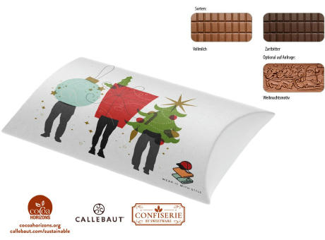 Product image Schokolade 100 g Tafel in Kissenschachtel, 1 Stück, Inhalt: Callebaut Vollmilch Schokolade Kalender Werbeartikel