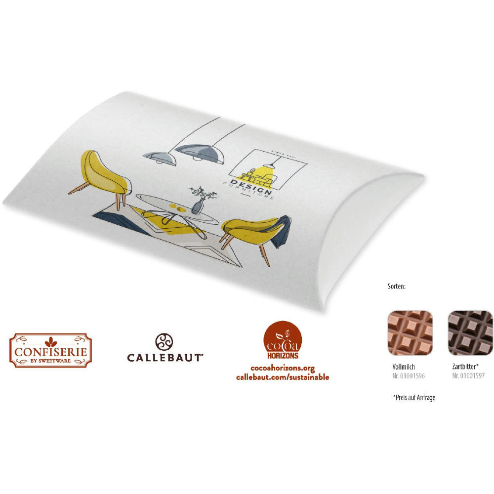 Product image Schokolade 100 g Tafel in Kissenschachtel, 1 Stück, Inhalt: Callebaut Vollmilch Schokolade Kalender Werbeartikel