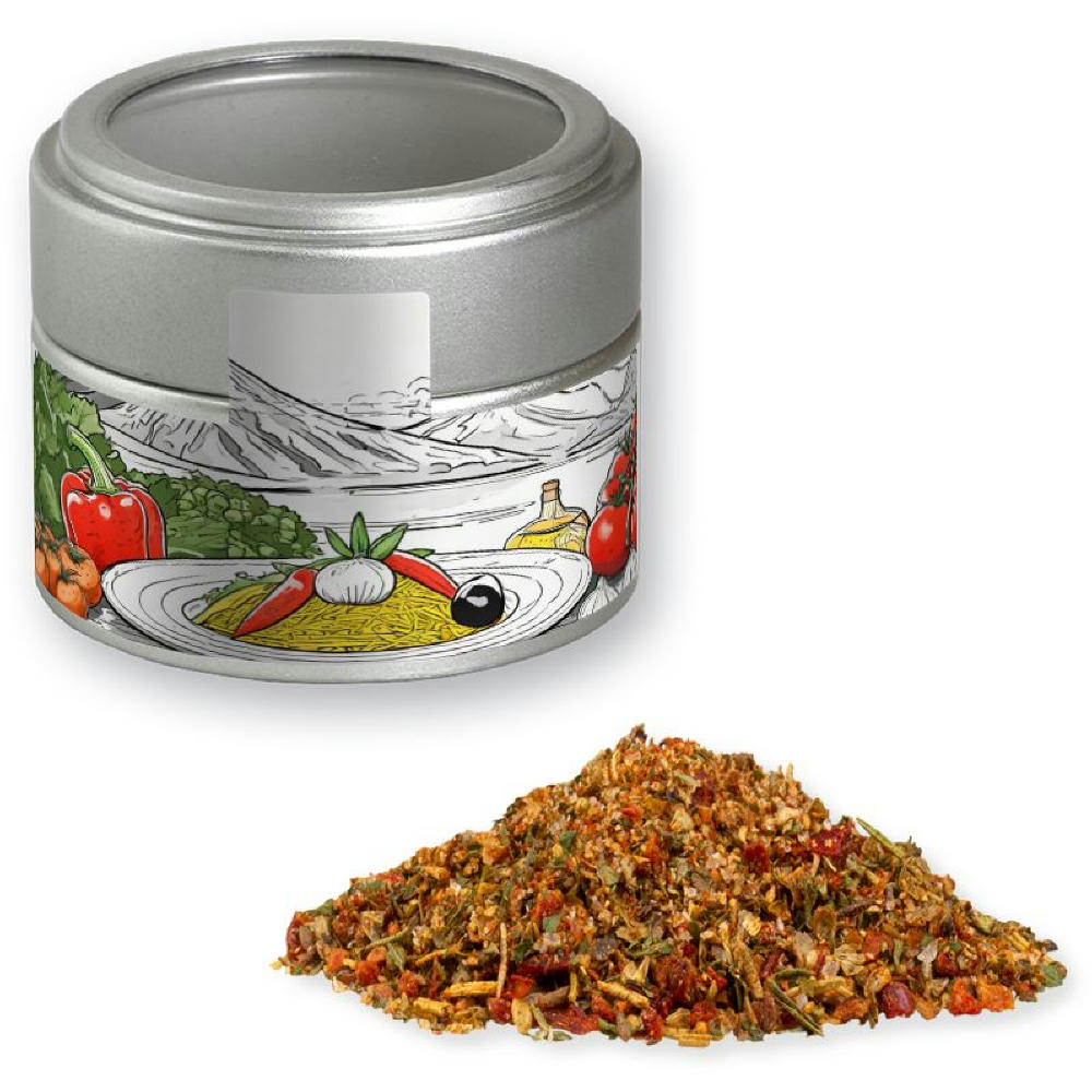 Gewürzmischung Mediterraner Veggie Mix, ca. 40g, Metalldose Mini mit Sichtfenster silber Werbeartikel