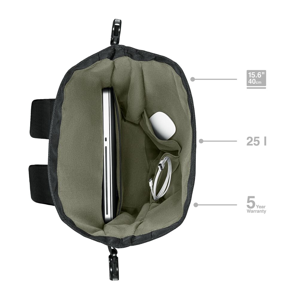 Wenger UrbanOne Roll-Top 15.6 Zoll Laptop-Rucksack Innenansicht – übersichtliche Fächer und Größenangaben, Werbeartikel mit Logo für Business