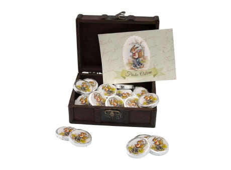 Geschenkartikel / Präsentartikel: Osterschatz, Schatztruhe mit 24 Vollmilch-Dublonen Werbeartikel