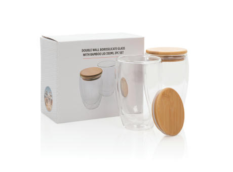2-tlg Set Borosilikatgläser mit Bambusdeckel 350ml bedrucken