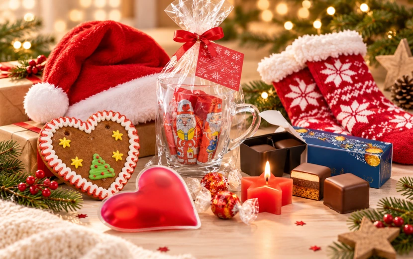 Weihnachtliche Werbeartikel mit Geschenkset, Süßigkeiten, Nikolausfiguren und festlichen Accessoires auf heller Produktinszenierung