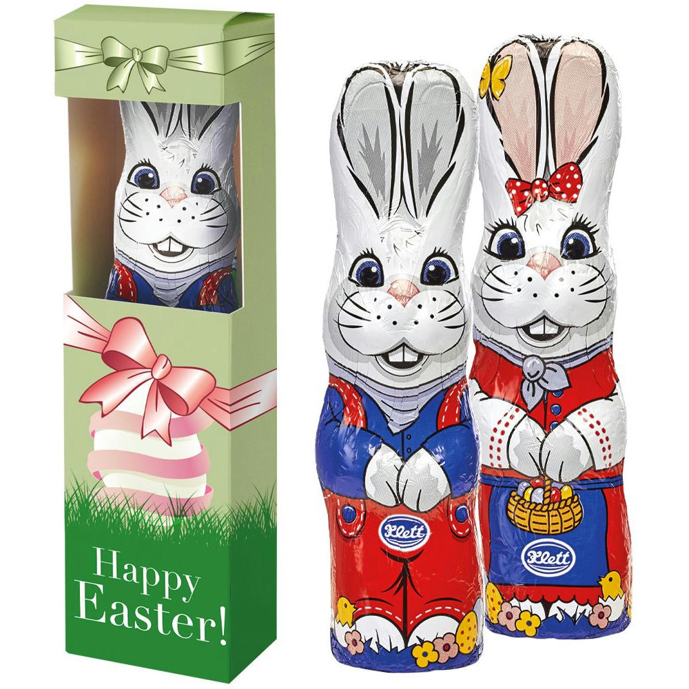 Product image Schoko Osterhase stehend, ca. 60g, Faltschachtel mit Sichtfenster Werbeartikel