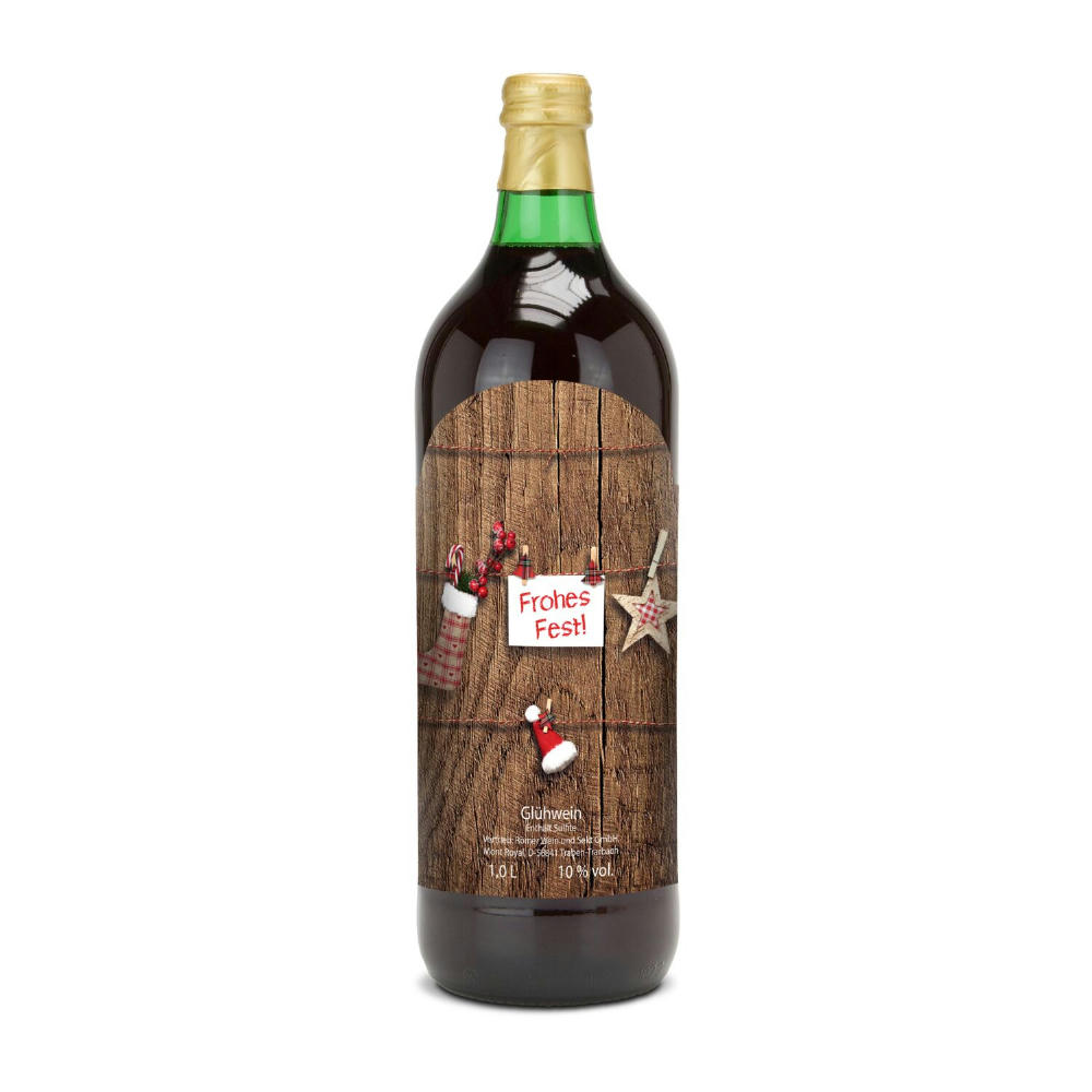 Product image Glühwein - Flasche grün, mit Schraubverschluss, 1 l - Motiv: Frohes Fest Werbeartikel