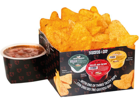 Nacho Box im Schuber,   190 g, Inhalt: Nachos Paprika-Chili, Sour Cream Werbeartikel