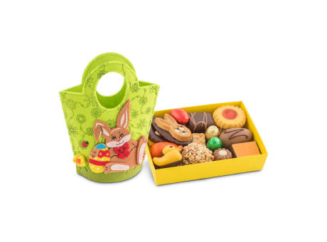 Geschenkartikel / Präsentartikel: Filztasche Hase, Ostergebäckmischung 200 g Werbeartikel