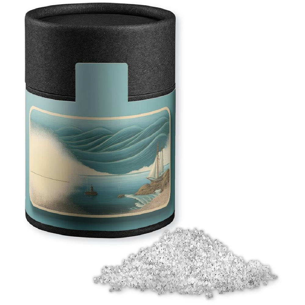 Product image Fleur de Sel, ca. 65g, Kraftpapierdose Midi schwarz Werbeartikel