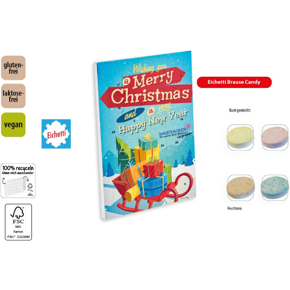 Product image Tisch-Adventskalender mit Logo bedruckt, vegan, laktose- und glutenfrei, gefüllt mit 75g Eichetti Brause Candy