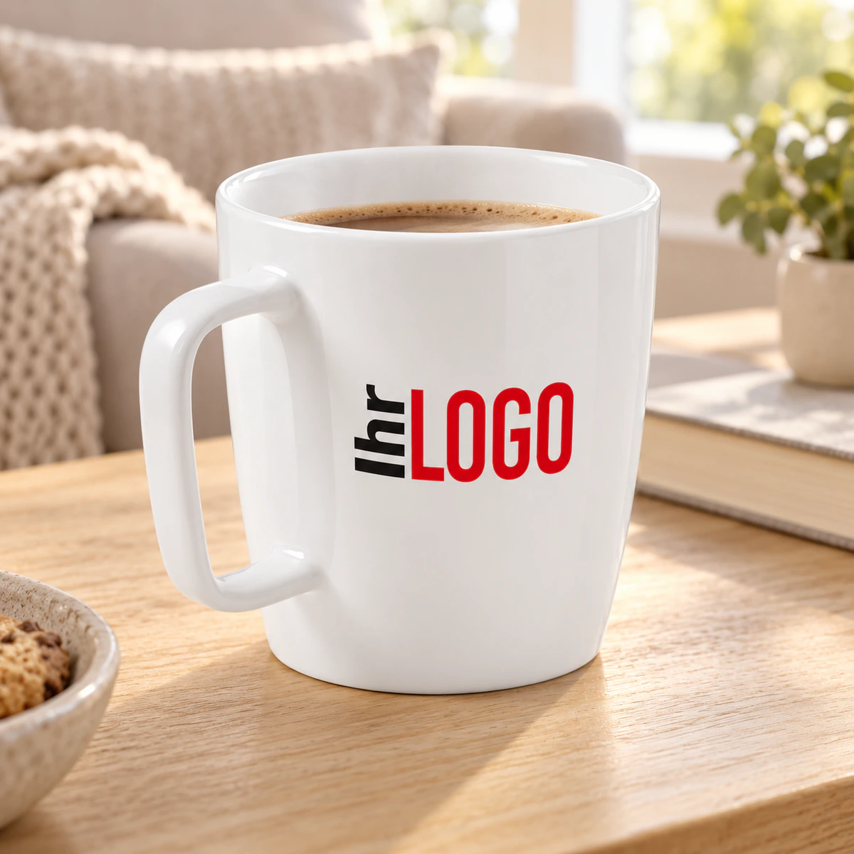 DHONI WHITE. Keramik-Becher 450 mL Weißer Keramikbecher Dhoni White, 450 ml, mit Logoaufdruck und Kaffee auf einem Holztisch vor einem Sofa als Werbegeschenk.