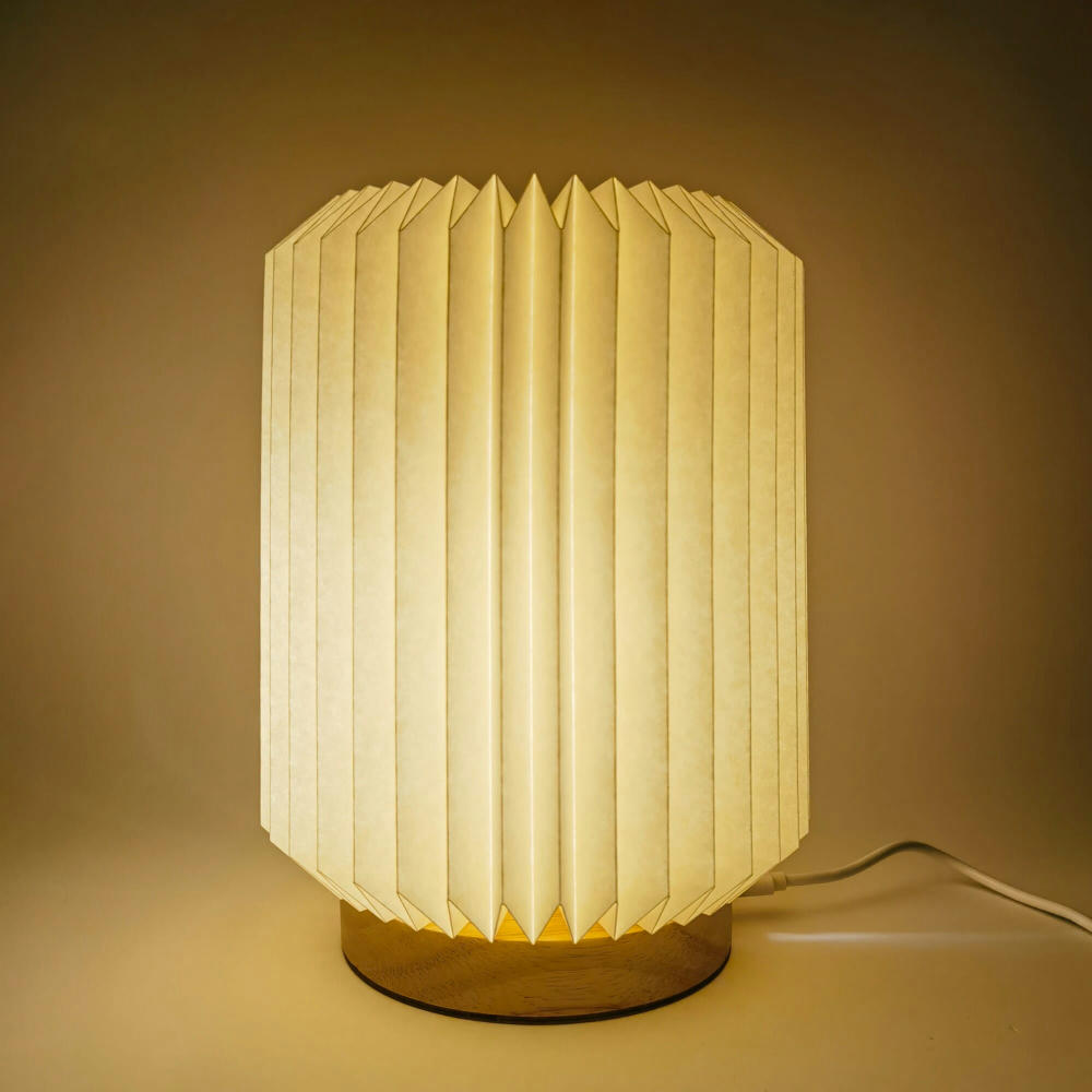 Coollux faltbare Papier LED-Lampe Aurora auf Holzsockel, 22cm Werbeartikel