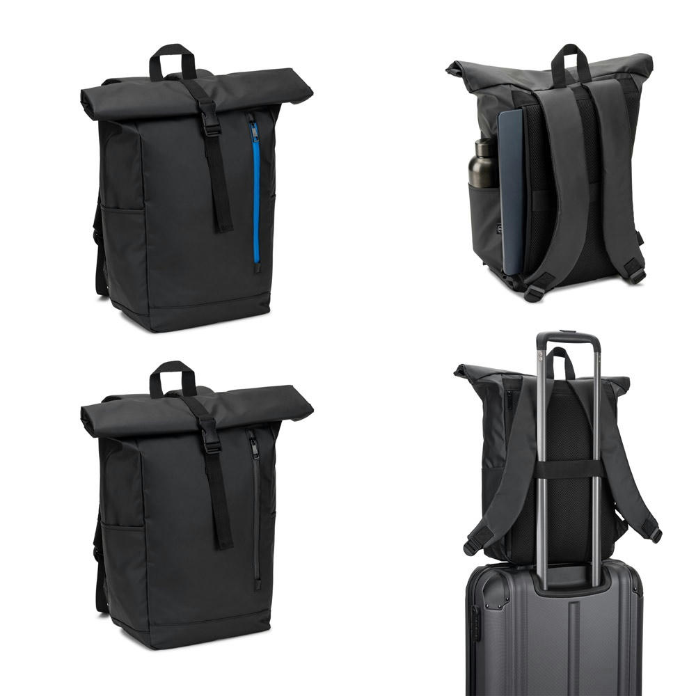 Product image OSASCO BPACK. Rolltop-Rucksack mit Reissverschlusssystem, bei dem das Oberteil aufgerollt werden kann, um es an das Volumen des Rucksacks anzupassen. Hergestellt aus recyceltem 600D-Polyester Werbeartikel