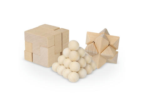 Dieses nachhaltige Set enthält drei spannende Denkspiele: ein Sternenpuzzle, ein Pyramidenpuzzle und ein 3D-Würfelpuzzle, die alle aus FSC-Holz gefertigt sind. Sie sind in einer FSC-Holzbox  Werbeartikel
