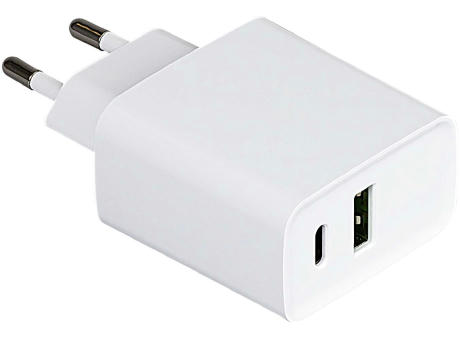 Ladegerät mit 20W Power Delivery und Quick Charge für USB-A und USB-C Werbeartikel