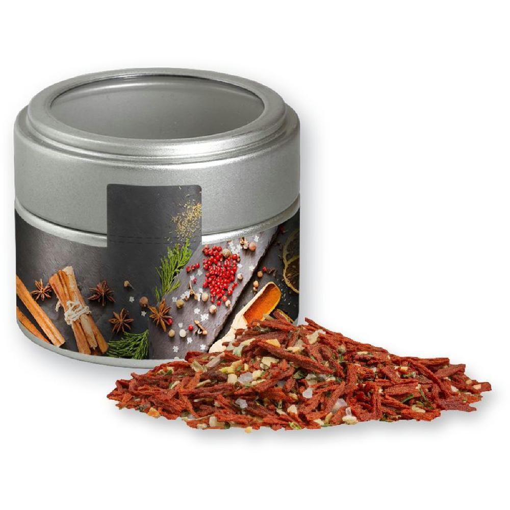Product image Weihnachts Gewürzmischung Salat, ca. 50g, Metalldose Mini mit Sichtfenster silber Werbeartikel