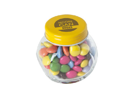 Product image Bonbonglas mini gefüllt mit ca. 40 gr. Schokocarletties mit farbigem Deckel Werbeartikel