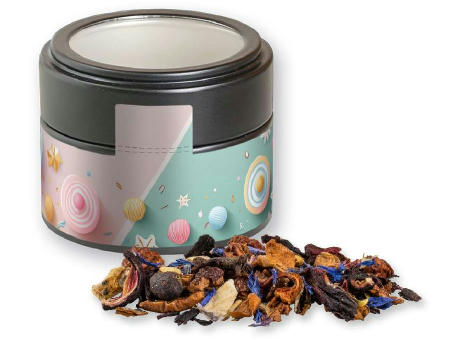 Product image Christkindl Tee, ca. 30g, Metalldose Mini mit Sichtfenster schwarz Werbeartikel