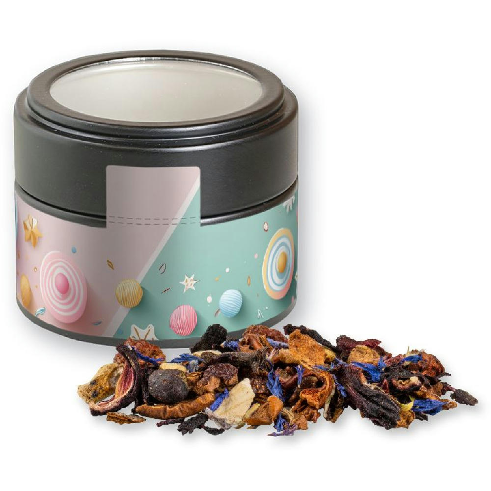 Product image Christkindl Tee, ca. 30g, Metalldose Mini mit Sichtfenster schwarz Werbeartikel