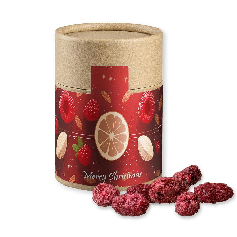 Product image Gebrannte Mandeln Himbeere, ca. 80g, Kraftpapierdose Midi Werbeartikel