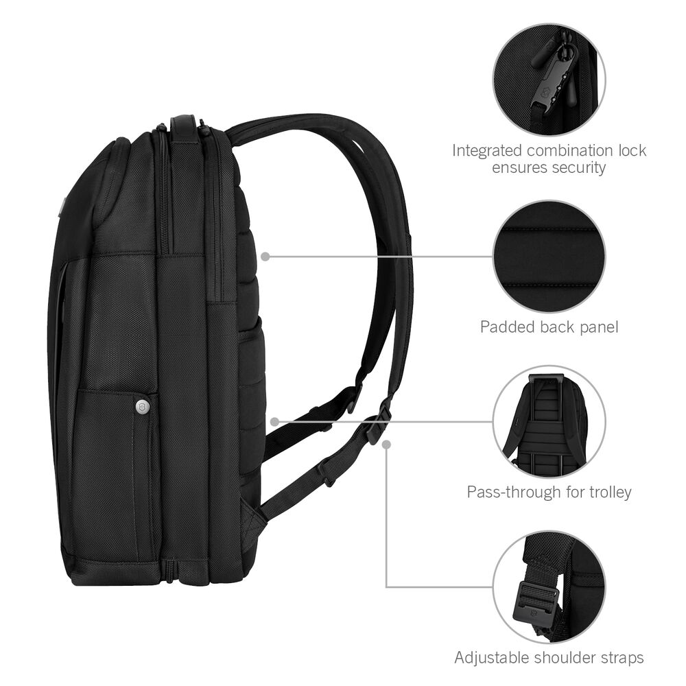 Victorinox Altmont Professional Deluxe Travel Laptop Backpack Infografik mit Detailansichten, Premium Laptop Rucksack mit durchdachten Funktionen, Organizer, Komfortträgern und hochwertigen Materialien.