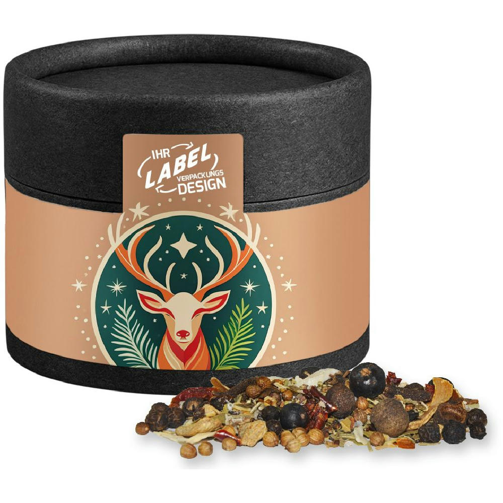 Weihnachts Gewürzmischung Wild, ca. 30g, Kraftpapierdose Mini schwarz Werbeartikel