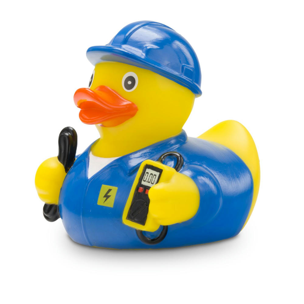 Product image Werbeente Erik Elektriker mit blauem Kittel Werbeartikel