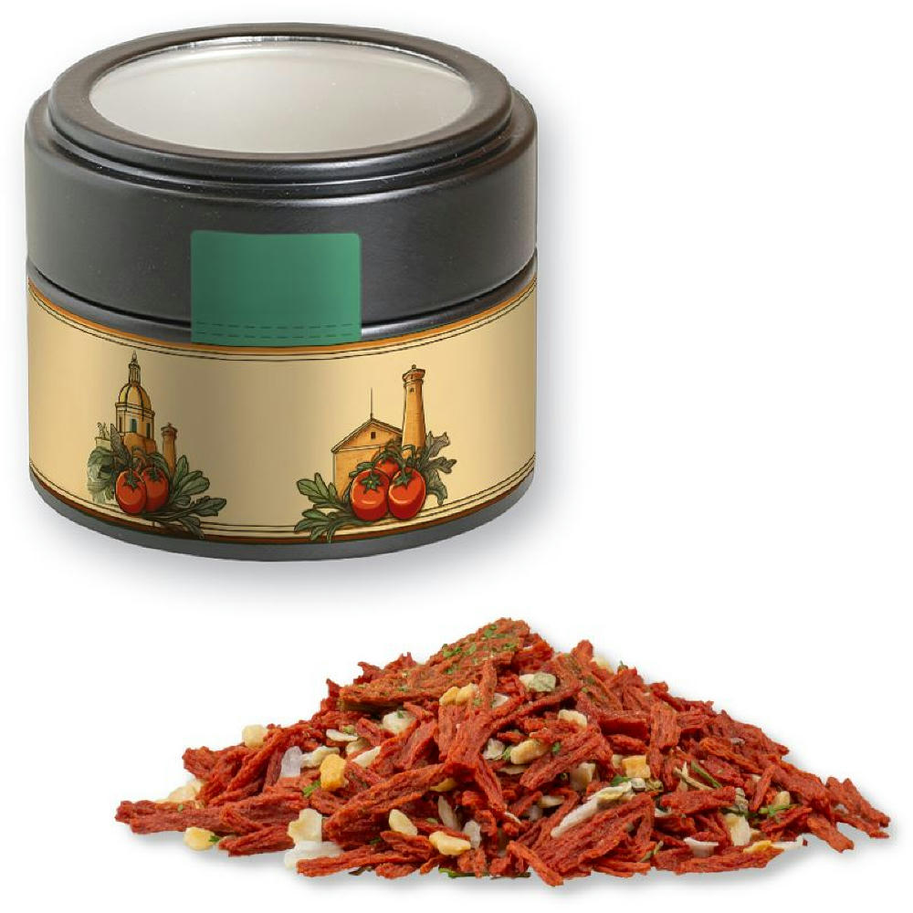 Product image Gewürzmischung Toskanische Bruchetta, ca. 40g, Metalldose Mini mit Sichtfenster schwarz Werbeartikel