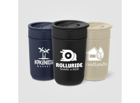 Danube - 355 ml Keramikbecher mit Außenwand & Deckel aus recyceltem Kunststoff Werbeartikel