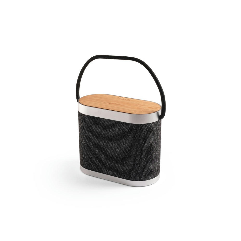 Product image GUETTA. Tragbarer 5W-Lautsprecher mit superschnellem kabellosem 15W-Ladegerät und 2h Akkulaufzeit aus Bambus und Recyceltes PET (100% rPET) Werbeartikel