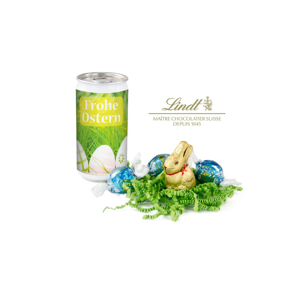 Geschenkartikel / Präsentartikel: Lindt-Oster-Überraschung, Das Nest in der Dose - Etikett Frohe Ostern - EierWiese Werbeartikel