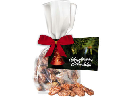 Feuergebrannte Mandeln, ca. 30g, Express Flachbeutel mit Schleife mit Werbekarte bedrucken