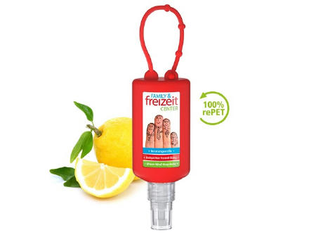 50 ml Bumper rot - Handreinigungsspray (alk.) - Body Label Werbeartikel