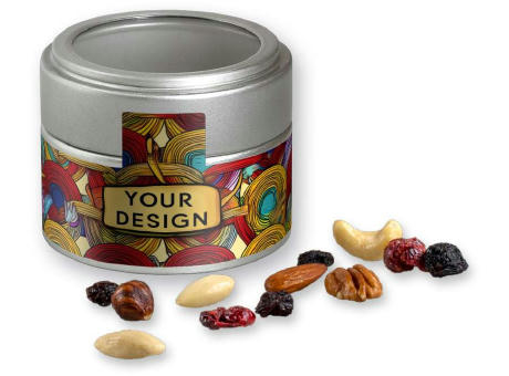 Product image Premium Studentenfutter, ca. 60g, Metalldose Mini mit Sichtfenster silber Werbeartikel