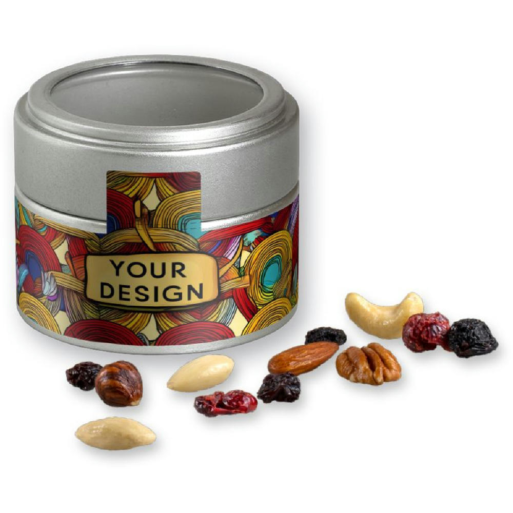 Product image Premium Studentenfutter, ca. 60g, Metalldose Mini mit Sichtfenster silber Werbeartikel