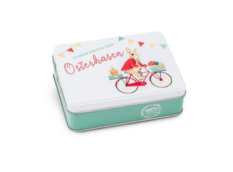 Geschenkartikel / Präsentartikel: Hasenvater auf dem Fahrrad - Pralinendose mit 125 g Werbeartikel