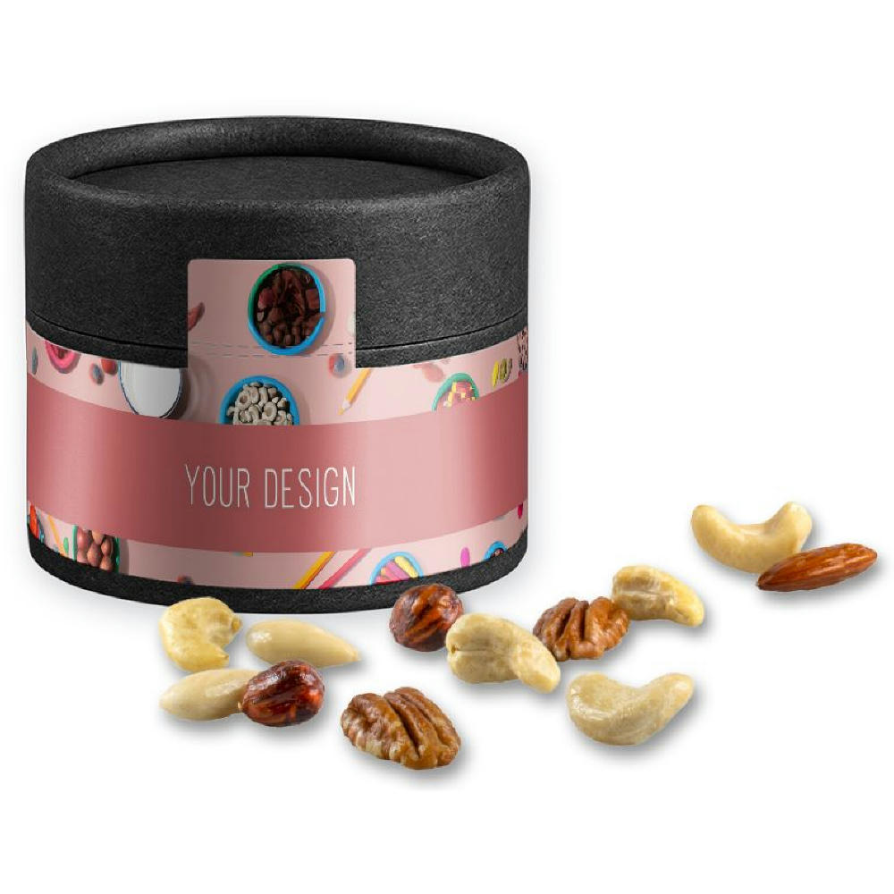 Product image NusskernMix, ca. 40g, Kraftpapierdose Mini schwarz Werbeartikel