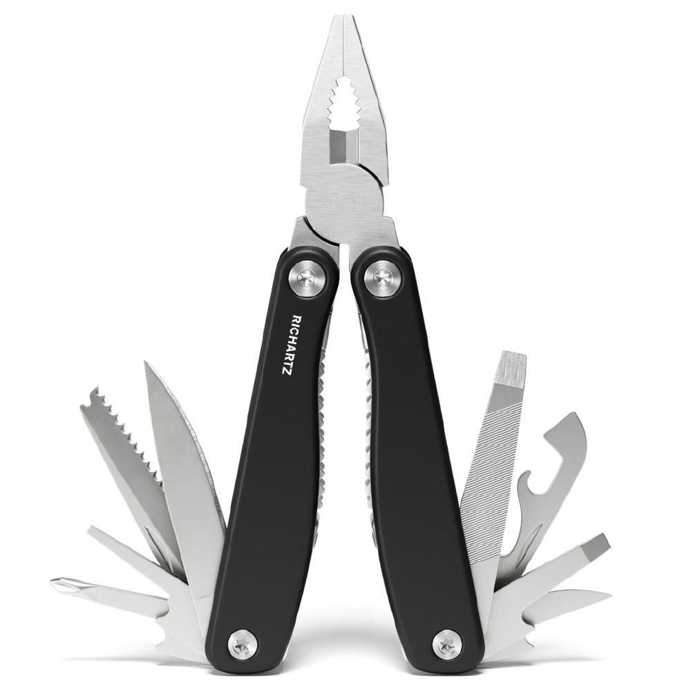 RICHARTZ CRAFTER tool: Multitool-Zange mit schwarzen Griffen und ausgeklappten Werkzeugen – Werbeartikel mit Logo
