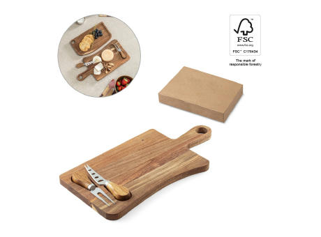 CASSIA. Käsebrett aus Akazienholz mit Griff, aus FSC™-zertifiziertem Material und anderen kontrollierten Materialien hergestellt Werbeartikel