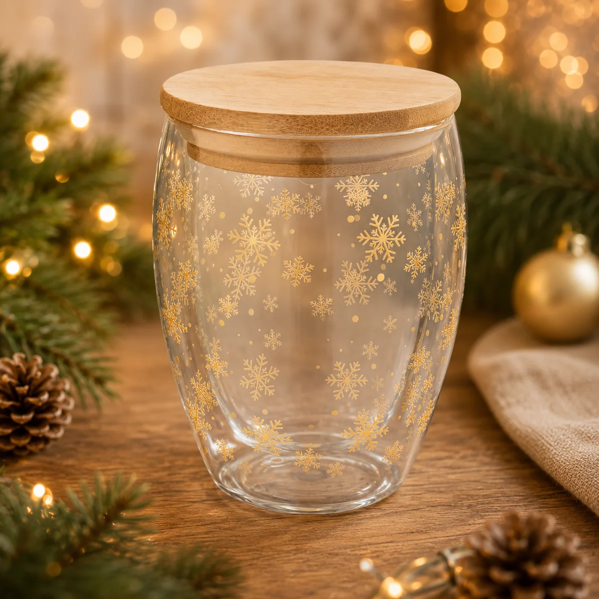 Product image Glasbehälter mit Bambusdeckel und goldenen Schneeflocken als weihnachtliches Werbegeschenk