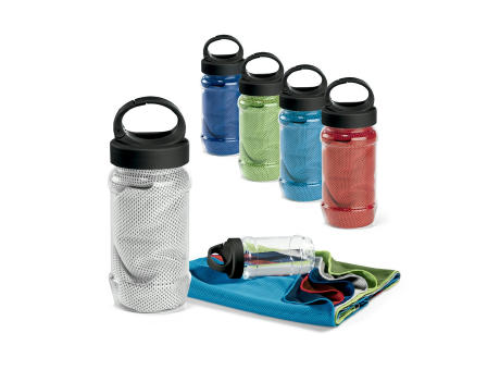 Product image ARTX PLUS. Sporthandtuch aus Polyamid und Polyester mit Flasche (440 mL) aus PP und PET und einem integrierten Karabinerhaken am Deckel Werbeartikel