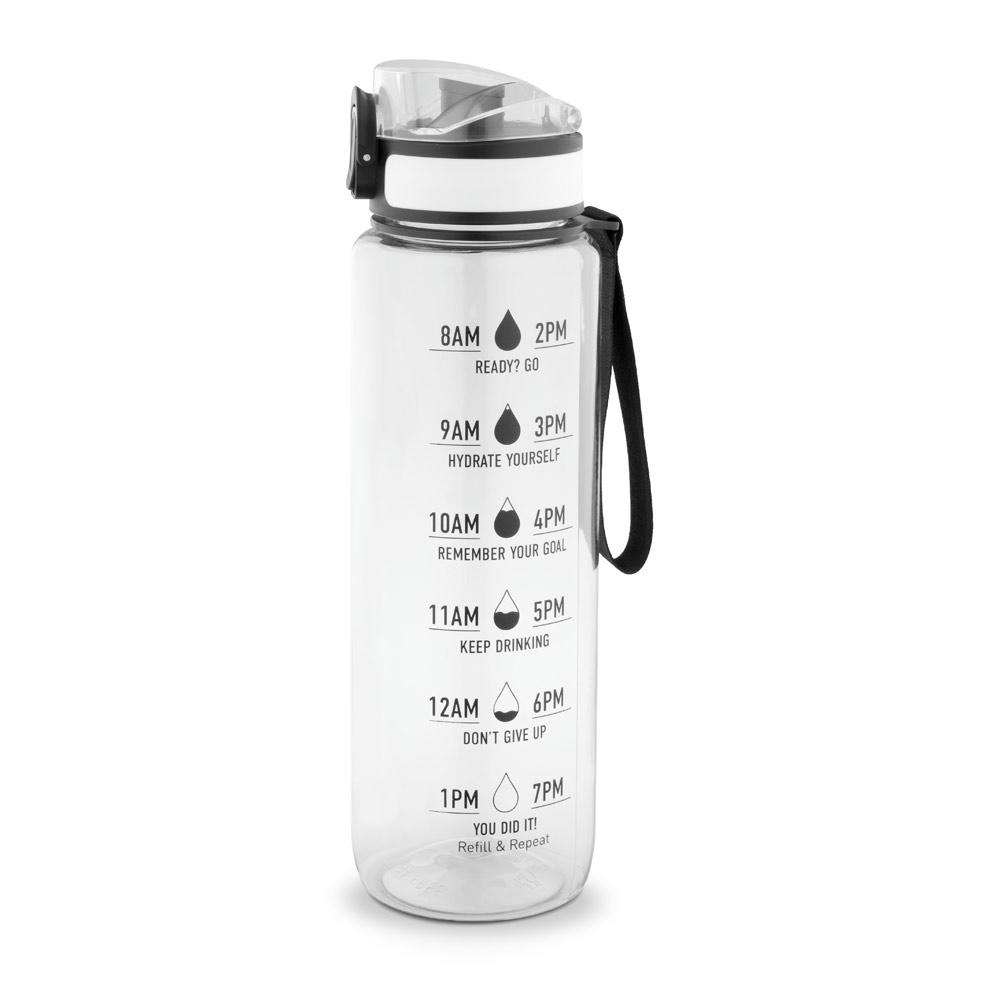 ERIKSSON. Flasche aus recyceltem PET (100 % rPET) mit motivierenden Sprüchen und Zeitmarkierungen, die zum Wassertrinken anregen Werbeartikel