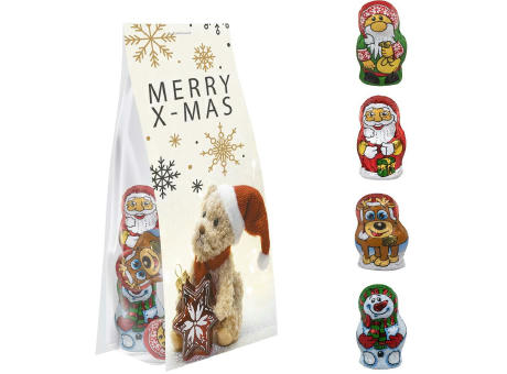 Schoko-Weihnachts Mix, ca. 40g, Express Blockbodenbeutel mit Werbereiter bedrucken