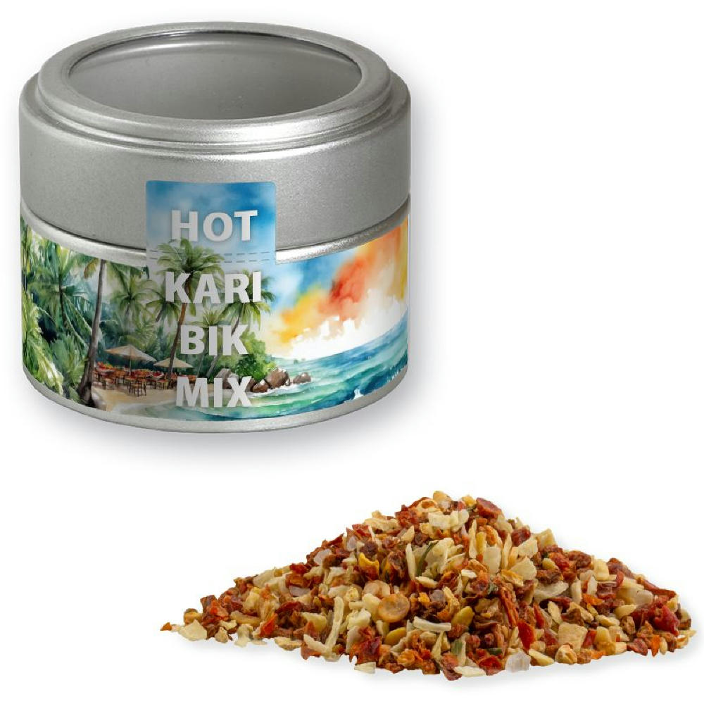 Gewürzmischung HOT Karibik Mix, ca. 40g, Metalldose Mini mit Sichtfenster silber Werbeartikel