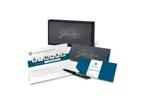 Geschenkgutschein Blau in Holzkiste, Kategorie 20 €, große Auswahl an Präsenten, Lifestyle- und Wellnessprodukten Werbeartikel
