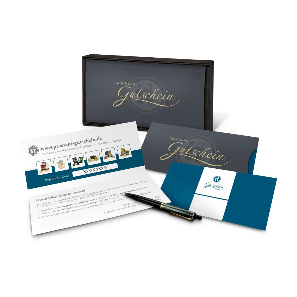 Product image Geschenkgutschein Blau in Holzkiste, Kategorie 20 €, große Auswahl an Präsenten, Lifestyle- und Wellnessprodukten Werbeartikel