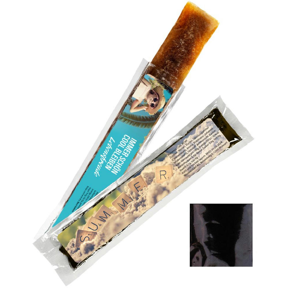 Product image Wassereis Cola (braun), 40 ml, Express Schlauchtüte mit Etikett Werbeartikel