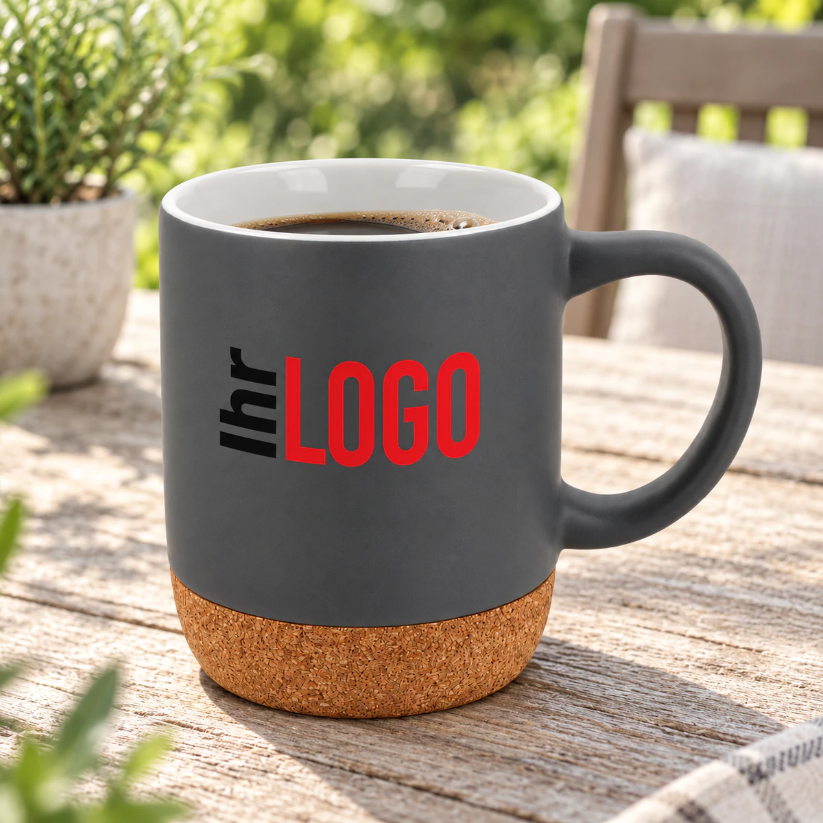 Becher Sevilla 250 ml Grauer Becher Sevilla, 250 ml, mit Logo, Korkboden und Kaffee auf einem Holztisch einer begrünten Terrasse.