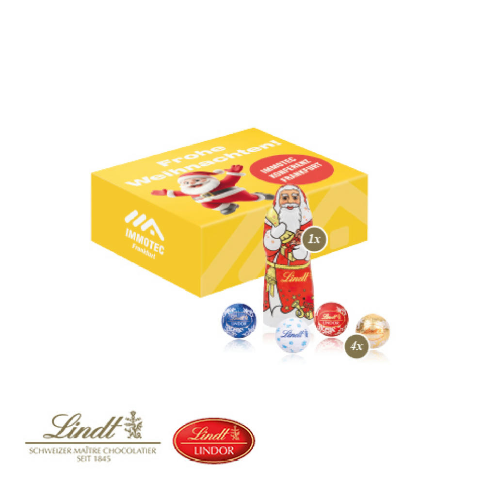 Product image Santa Werbebox mit Logo bedruckt, gefüllt mit 1 Lindt Weihnachtsmann und 4 zartschmelzenden Lindt Minis Kugeln