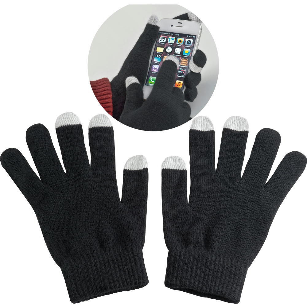 Product image Schwarze Acryl-Handschuhe mit weißen Touch-Spitzen, Hand am Smartphone – Handschuhe zum Bedrucken